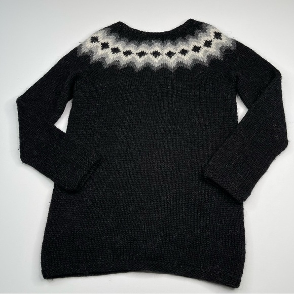 Fair Isle Cardigan Sweater Hand Knit Iceland Wool Black Grey Fisherman Apres Ski - Picture 7 of 15